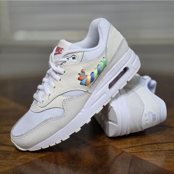 Nike Air Max 1 SE White Rainbow Lace Swoosh White/Blush GS Size 3Y LE FN4782-100 - Picture 2 of 15
